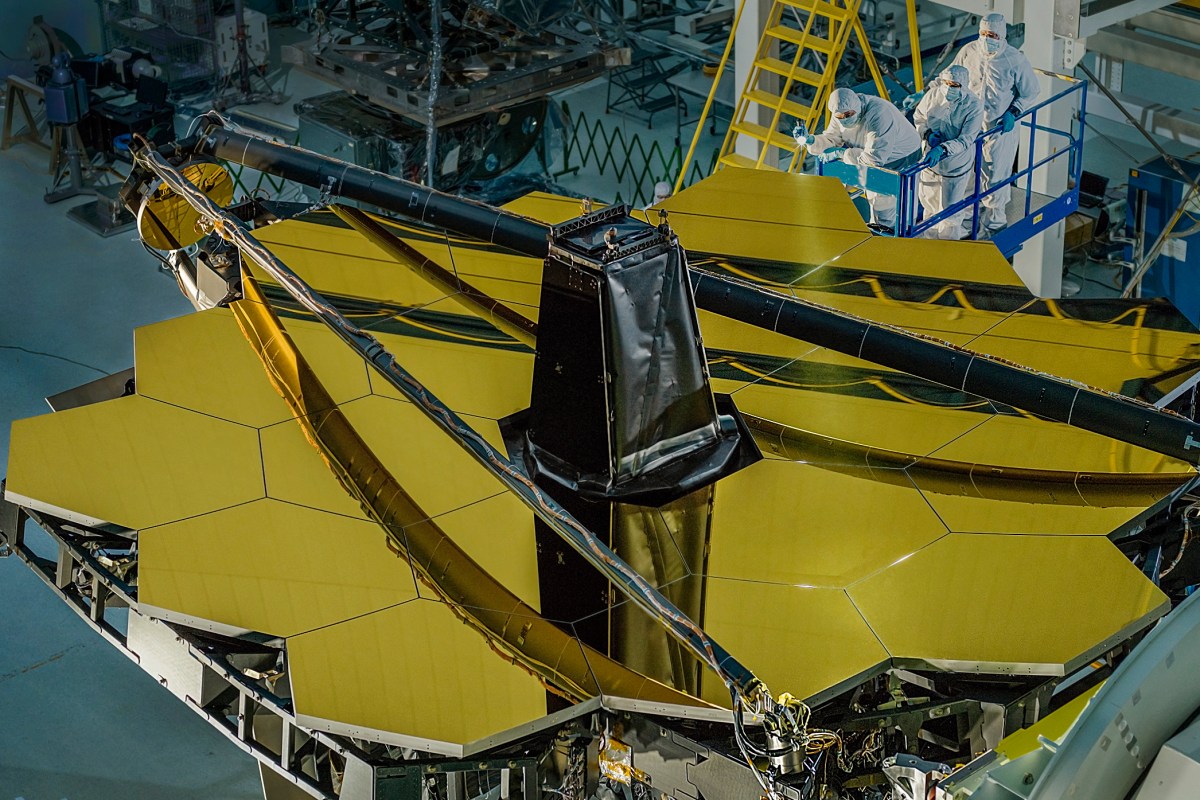 The golden primary mirror of the James Webb Space Telescope during assembly at NASA Goddard
