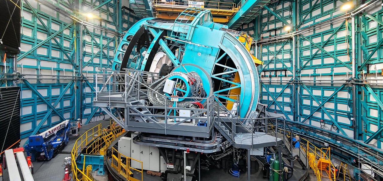 The Simonyi Survey Telescope structure inside the dome at Vera C. Rubin Observatory